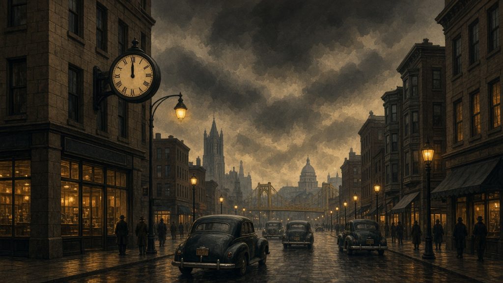 Illustration of a downtown Pittsburgh street at noon under dark smoke with the streetlights lit