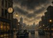 Illustration of a downtown Pittsburgh street at noon under dark smoke with the streetlights lit