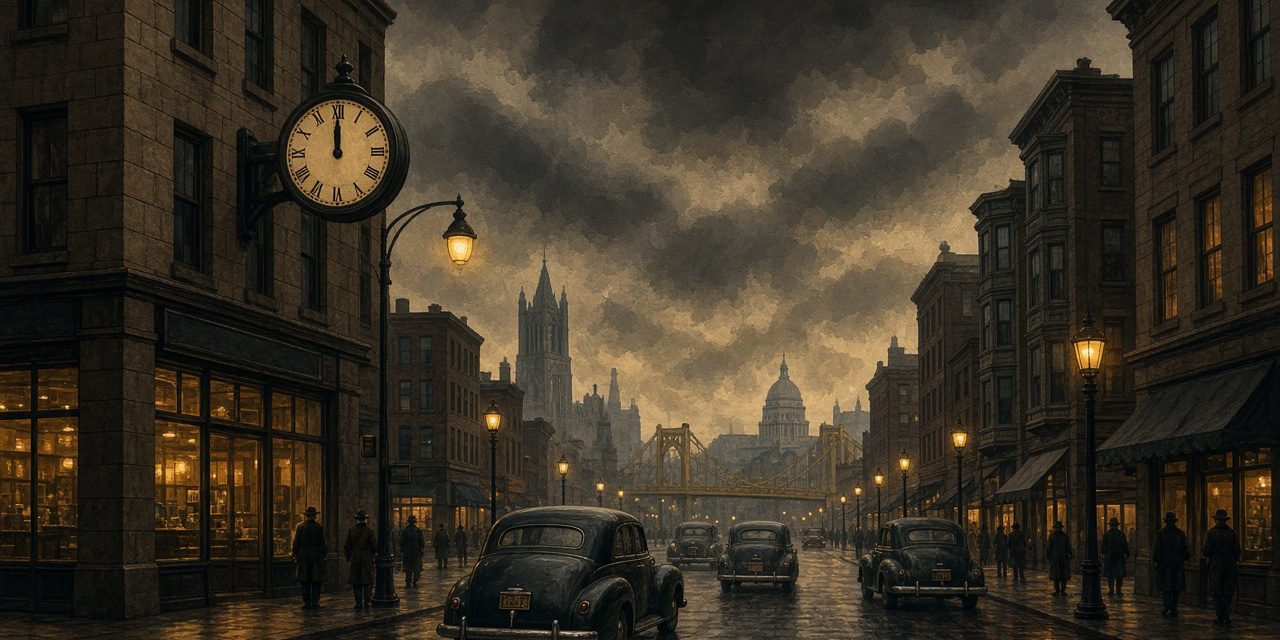 Illustration of a downtown Pittsburgh street at noon under dark smoke with the streetlights lit