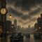 Illustration of a downtown Pittsburgh street at noon under dark smoke with the streetlights lit