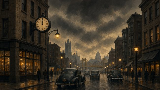 Illustration of a downtown Pittsburgh street at noon under dark smoke with the streetlights lit