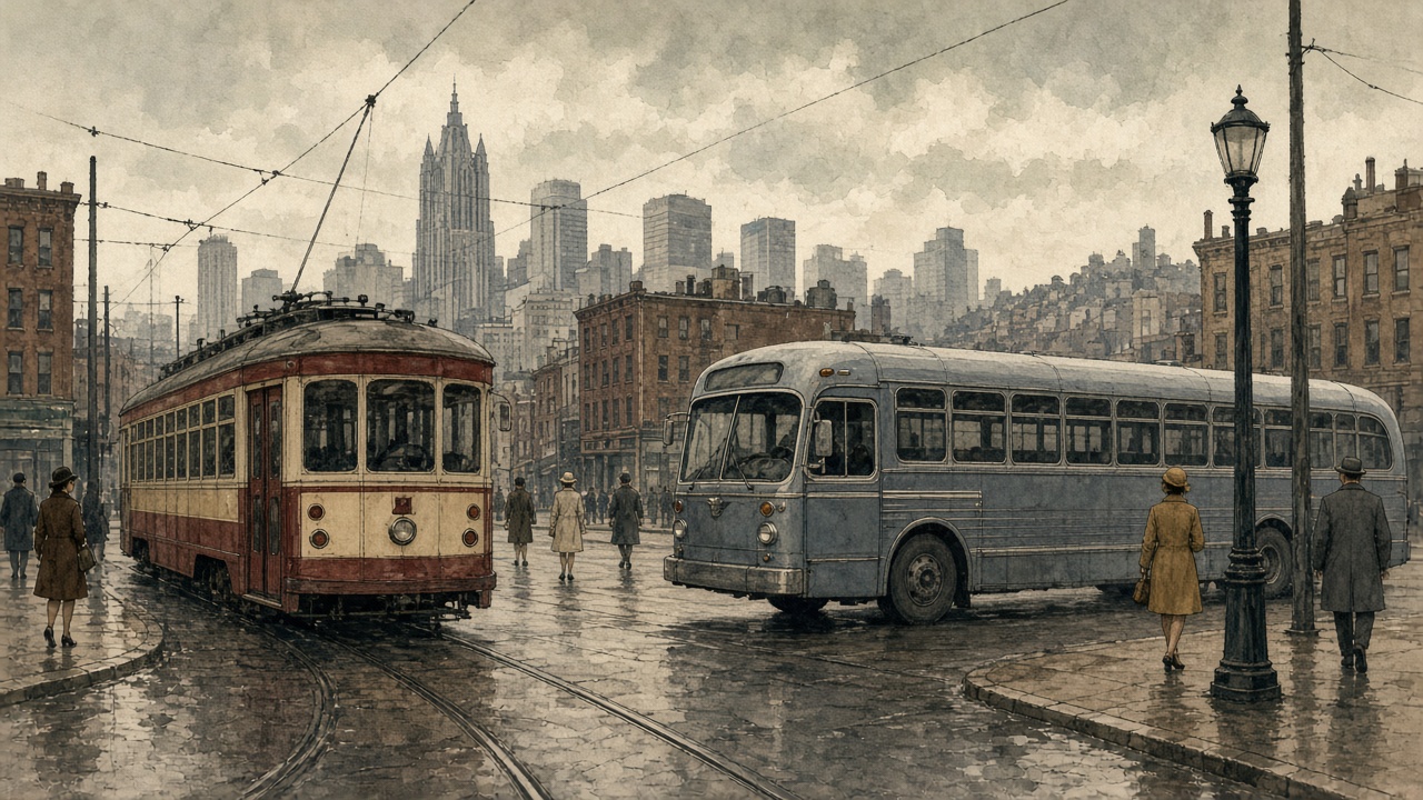 Illustration of a streetcar and a city bus sharing a Pittsburgh street in the 1960s