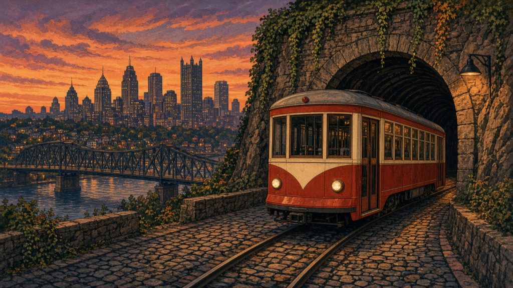 Illustration of a red and cream Pittsburgh streetcar coming out of a hillside tunnel at dusk with the downtown skyline behind