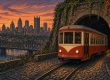 Illustration of a red and cream Pittsburgh streetcar coming out of a hillside tunnel at dusk with the downtown skyline behind