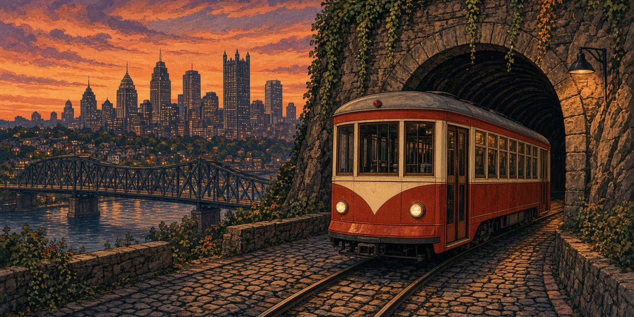 streetcar-featured Illustration of a red and cream Pittsburgh streetcar coming out of a hillside tunnel at dusk with the downtown skyline behind