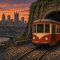 Illustration of a red and cream Pittsburgh streetcar coming out of a hillside tunnel at dusk with the downtown skyline behind