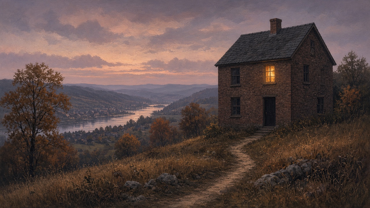 Illustration of a brick house on a hillside at dusk with a lantern in one window
