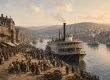 Illustration of a crowd at a Pittsburgh river wharf beside a steamboat in the mid-1800s
