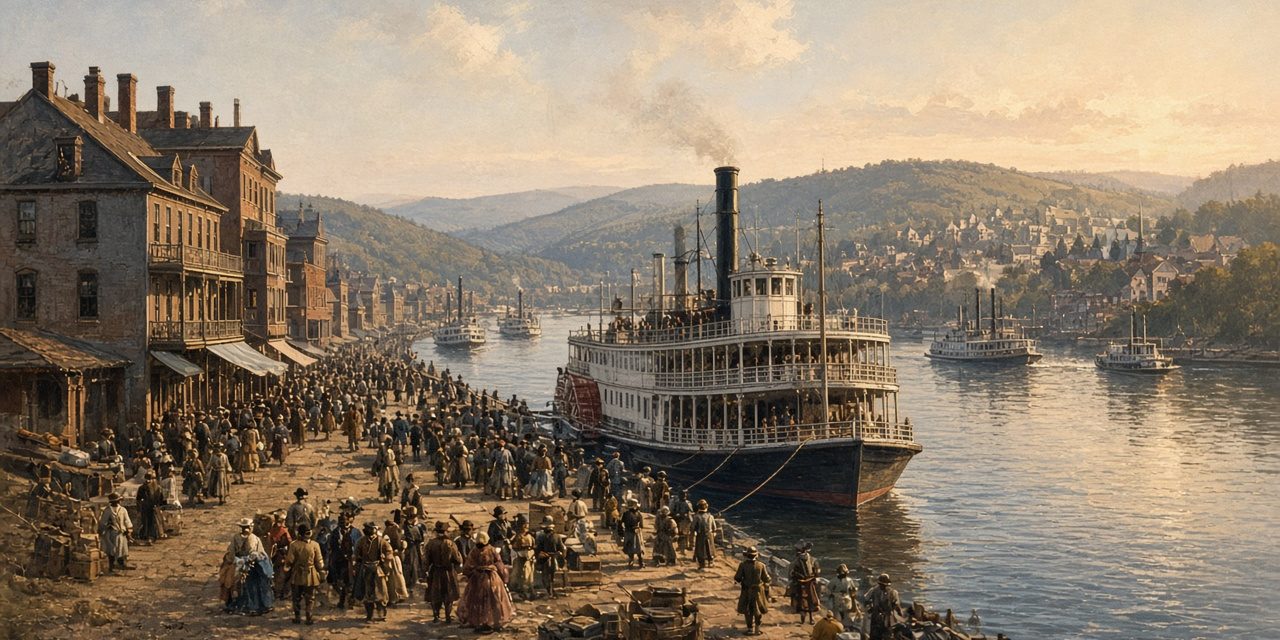 ugrr-featured Illustration of a crowd at a Pittsburgh river wharf beside a steamboat in the mid-1800s