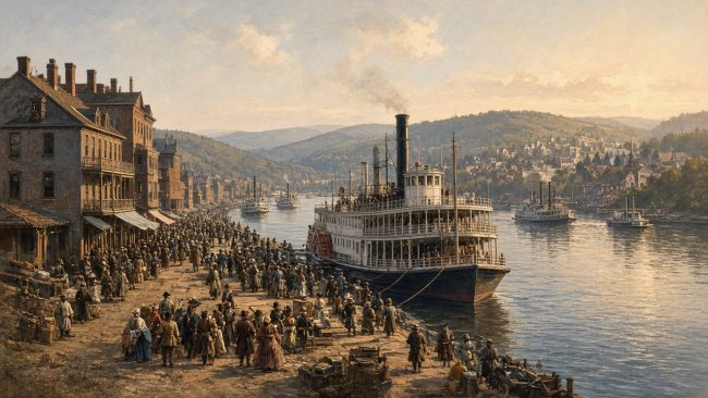Illustration of a crowd at a Pittsburgh river wharf beside a steamboat in the mid-1800s