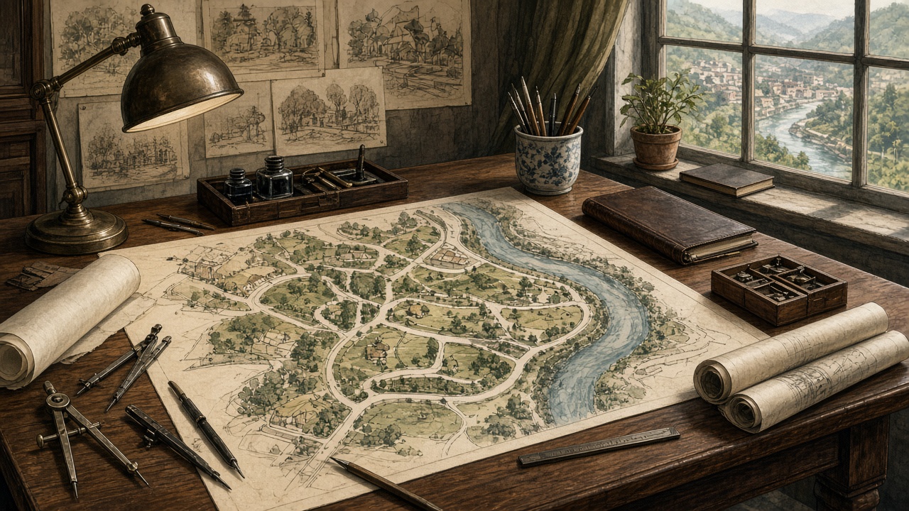 Illustration of a landscape architect's drafting table with a hand-drawn town plan beside a river