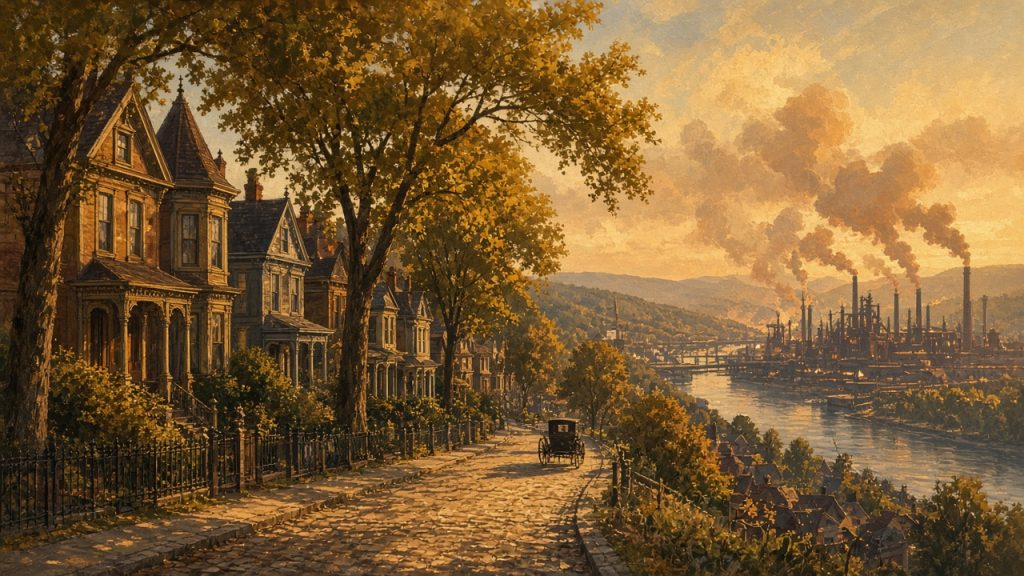 Illustration of curving streets of Victorian houses on a hillside above a steel mill on the Kiskiminetas River