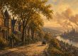 Illustration of curving streets of Victorian houses on a hillside above a steel mill on the Kiskiminetas River