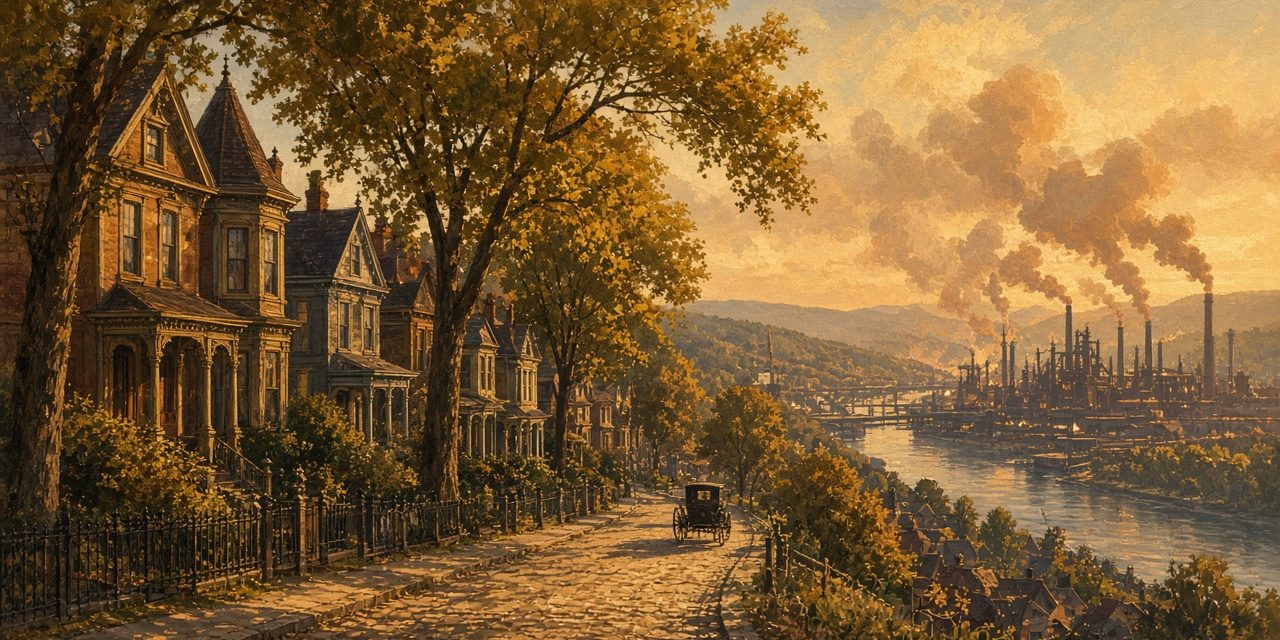 vandergrift-featured Illustration of curving streets of Victorian houses on a hillside above a steel mill on the Kiskiminetas River